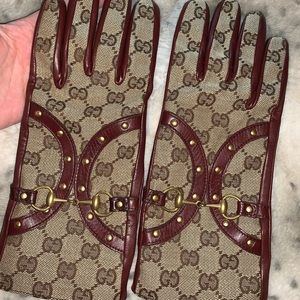 Gucci GG Monogram Bordeaux Leather and Canvas Horsebit Gloves Size 7.5